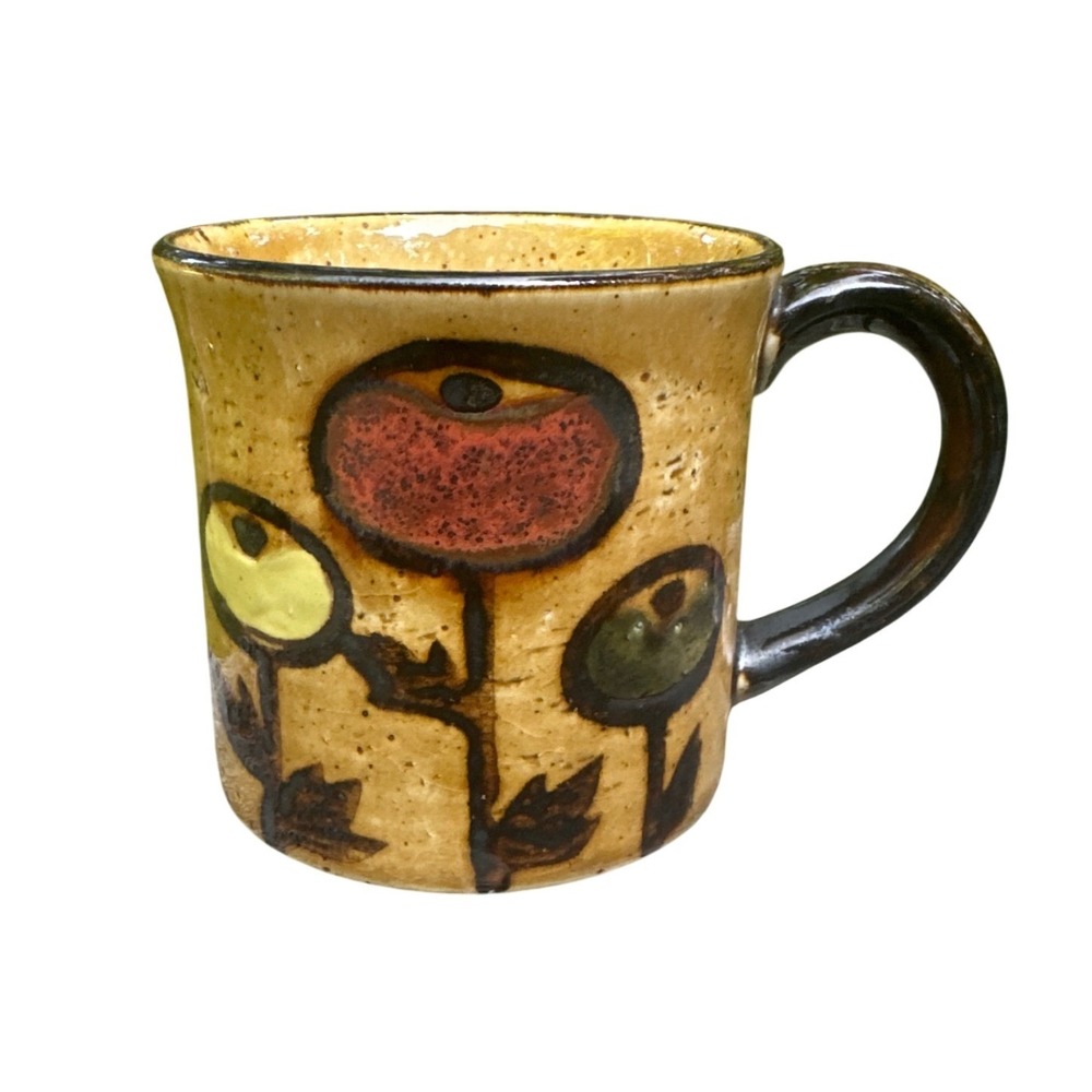 Vintage midcentury Pottery Floral Coffee Mug Mustard Speckled Glaze Boho MCM